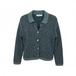 Willow 100% heavy cotton button up sweater in  a green and black Chevron knit